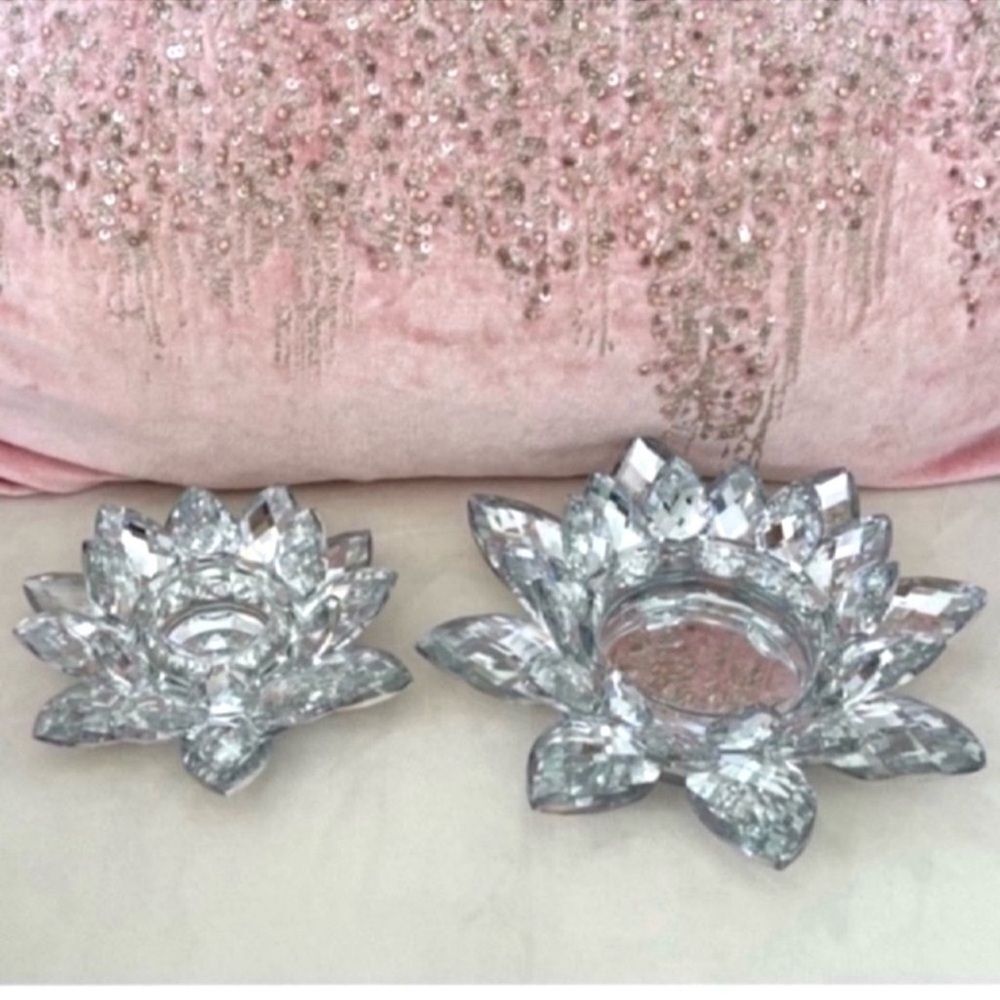 Set of 2 Silver and Clear Crystal Lotus Votive Candle Holder